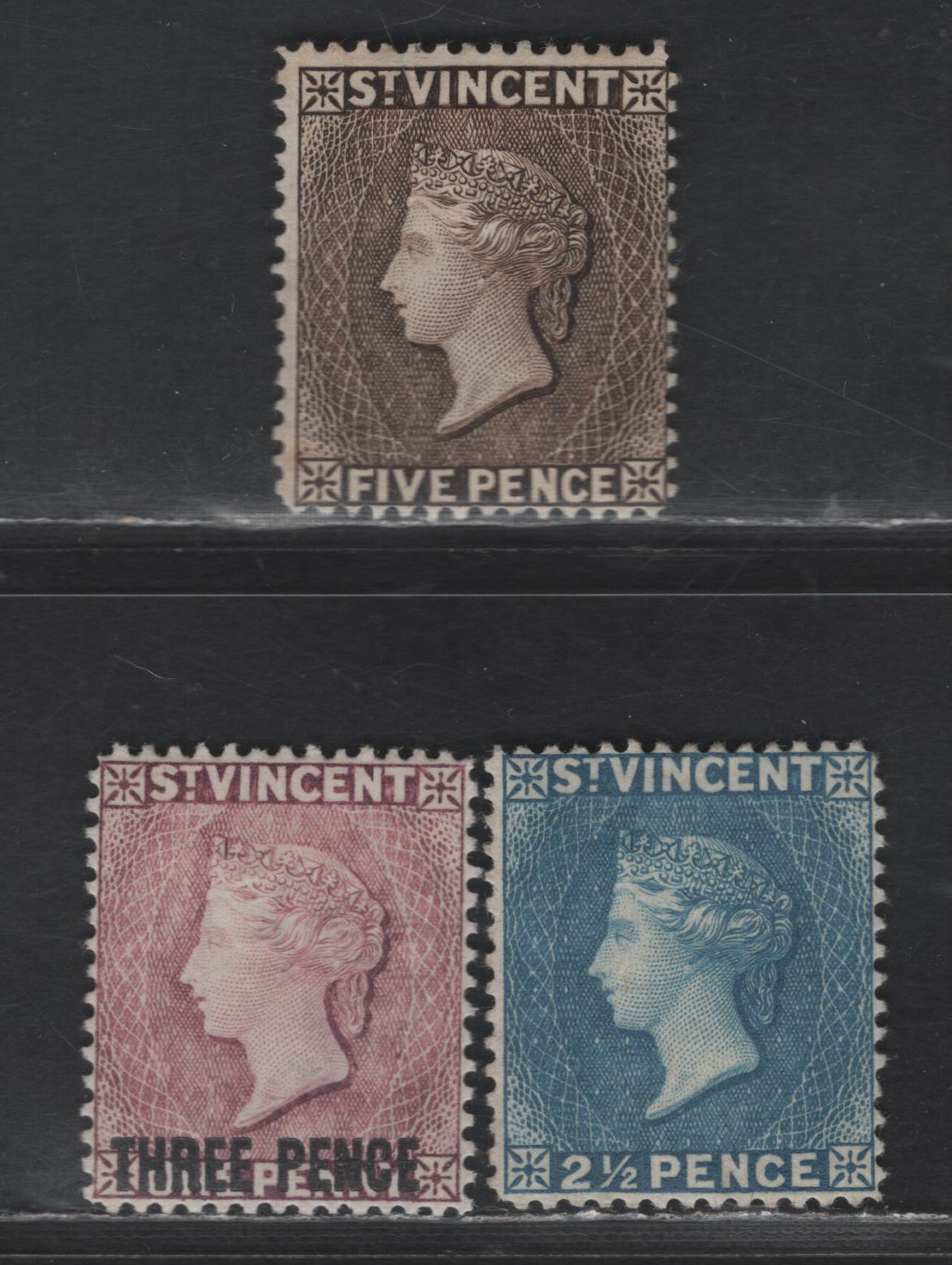 Lot 234 St Vincent SG#61-63 2.5d - 3d on 1d Blue - Mauve Queen Victoria, 1897 New Values & Surcharge Issue, 3 F/VFOG Singles