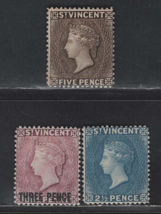 Lot 234 St Vincent SG#61-63 2.5d - 3d on 1d Blue - Mauve Queen Victoria, 1897 New Values & Surcharge Issue, 3 F/VFOG Singles