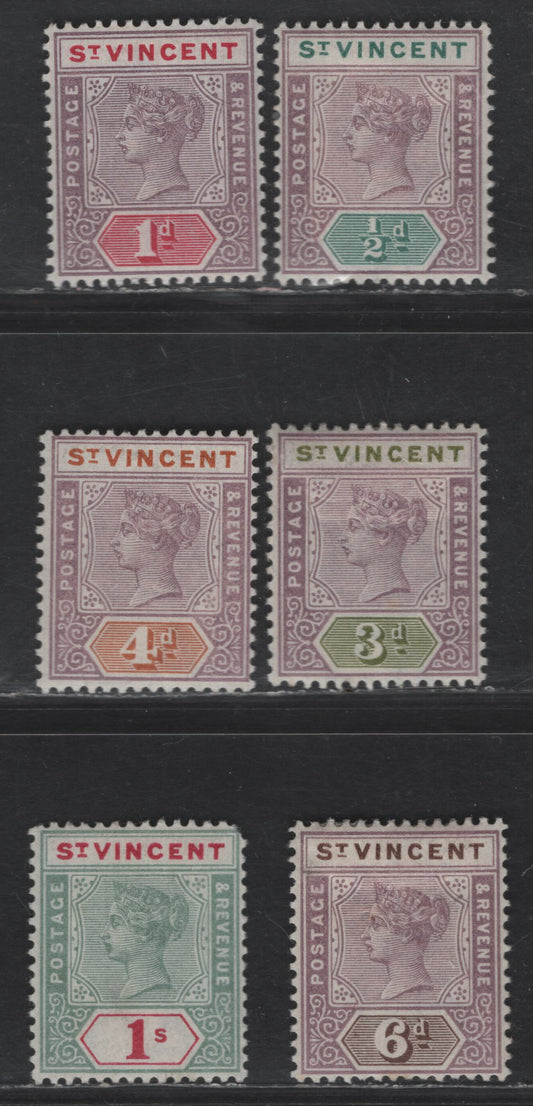 Lot 235 St Vincent SG#67-68, 70-71, 73-74 1/2d - 1/- Dull Mauve & Green - Green & Carmine Queen Victoria, 1899 Queen Victoria Keyplate Issue, 6 F/VFOG Singles