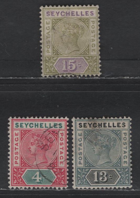 Lot 237 (C) Seychelles SG#2, 5, 24 4c - 15c Carmine & Green - Sage Green & Lilac Queen Victoria, 1890-1892 Imperium Keyplates Issues, 3 Fine/Very Fine Used Singles, Die 1