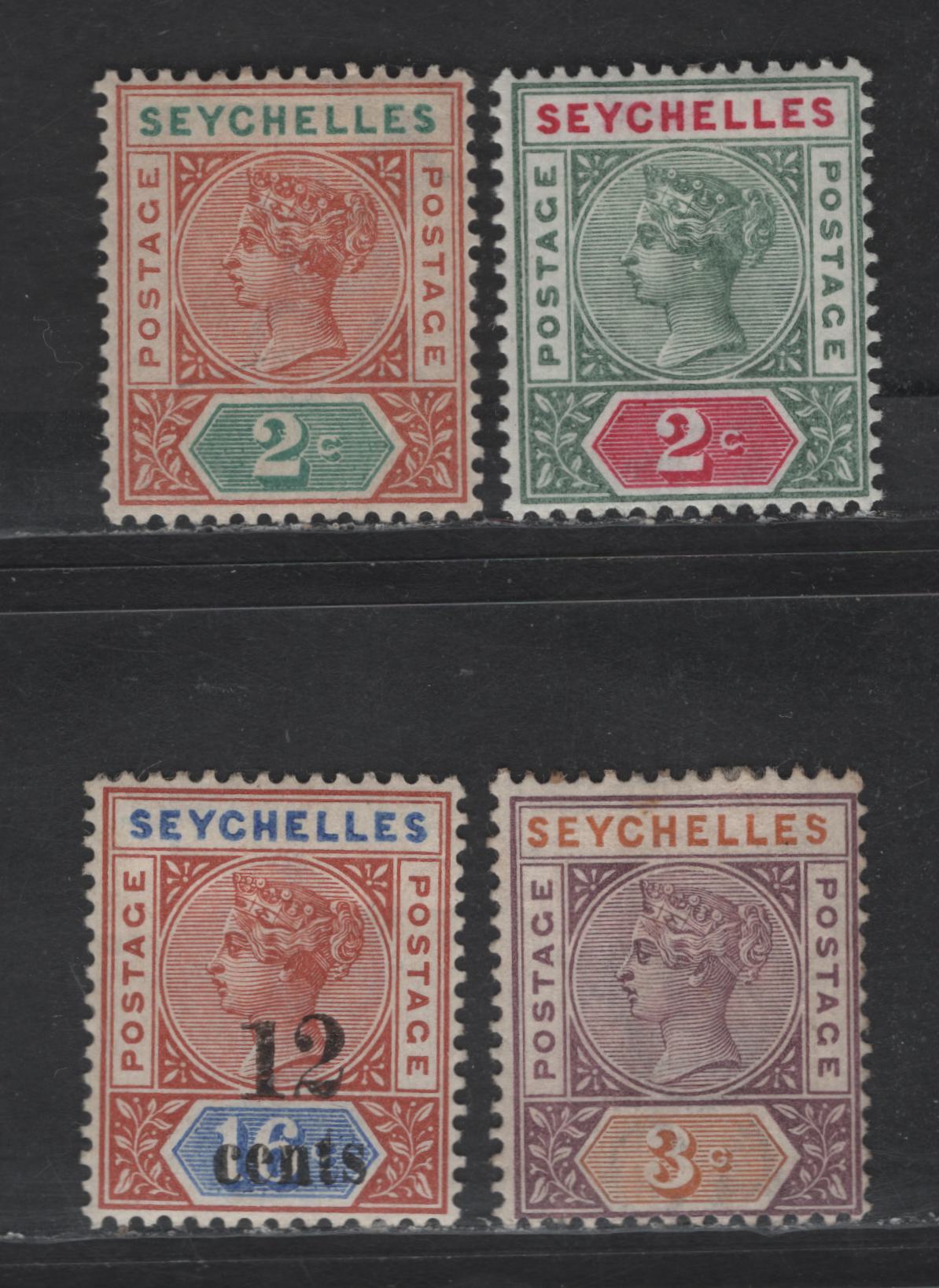 Lot 239 Seychelles SG#9, 17, 22, 28 2c - 12c on 16c Green & Rosine - Orange Dull & Ultramarine Queen Victoria, 1890-1900 Imperium Keyplates Issues, 4 F/VFOG Singles, All Die 2