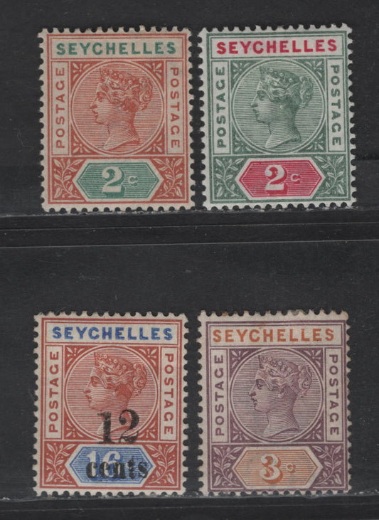 Lot 239 Seychelles SG#9, 17, 22, 28 2c - 12c on 16c Green & Rosine - Orange Dull & Ultramarine Queen Victoria, 1890-1900 Imperium Keyplates Issues, 4 F/VFOG Singles, All Die 2