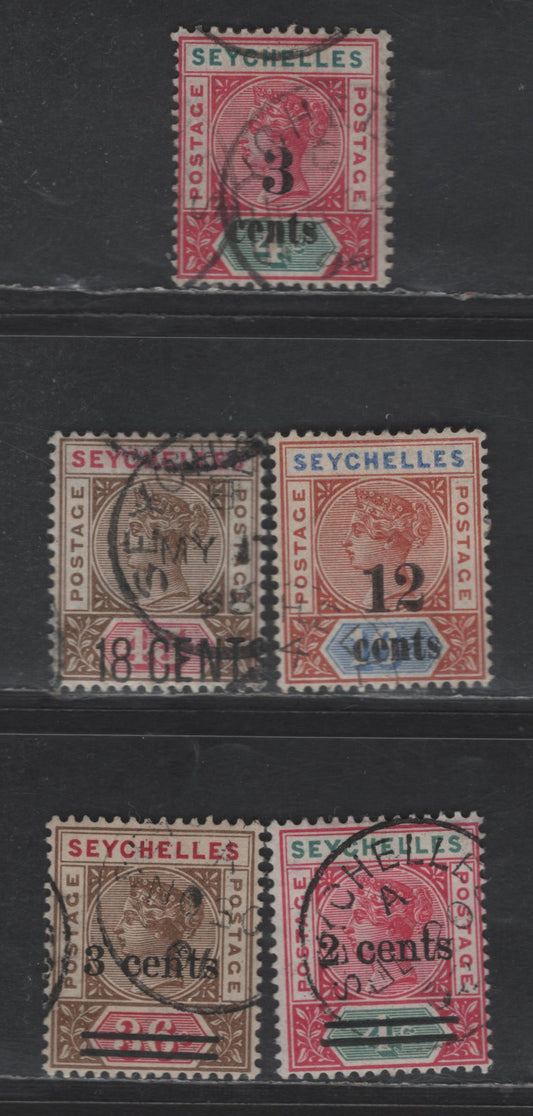 Lot 240 (C) Seychelles SG#15, 17, 26, 39, 41 3c on 4c - 3c on 36c Carmine & Green - Brown & Carmine Queen Victoria, 1893-1902 Surcharge Issues, 5 Fine/Very Fine Used Singles