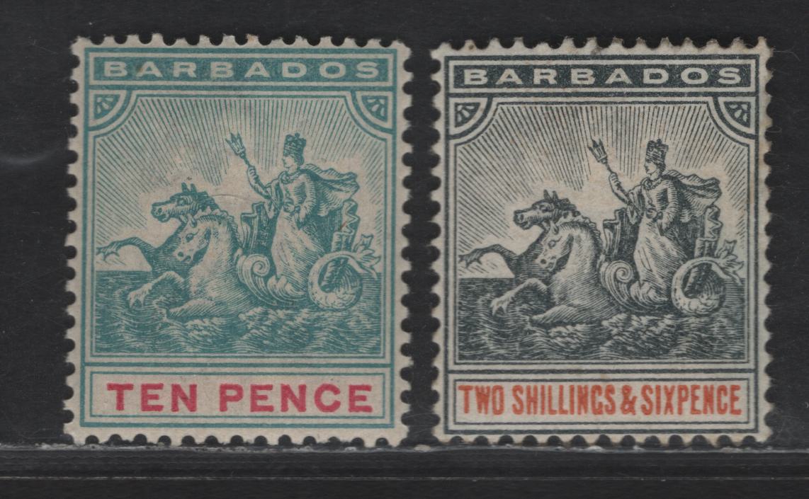 Lot 24 Barbados SG#113-114 10d - 2/6 Dull Blue Green & Carmine - Blue Black & Orange Badge of the Colony, 1892-1903 Badge of the Colony Issue, 2 VFOG Singles