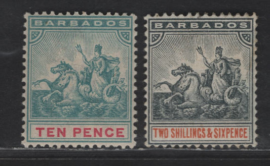Lot 24 Barbados SG#113-114 10d - 2/6 Dull Blue Green & Carmine - Blue Black & Orange Badge of the Colony, 1892-1903 Badge of the Colony Issue, 2 VFOG Singles