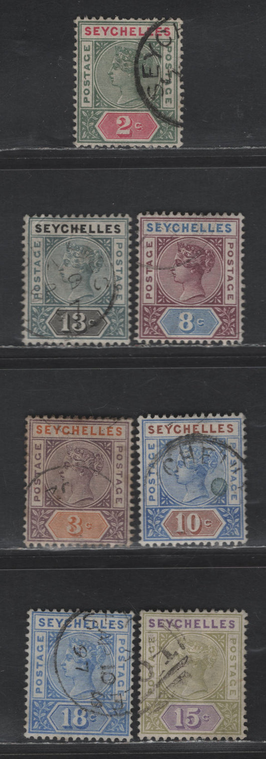 Lot 241 Seychelles SG#9, 11-13, 22, 24, 31 2c - 18c Green & Rosine - Ultramarine Queen Victoria, 1890-1900 Imperium Keyplates Issues, 7 Very Good/Fine/Very Fine Used Singles, All Die 2, Small Corner Crease On 13c