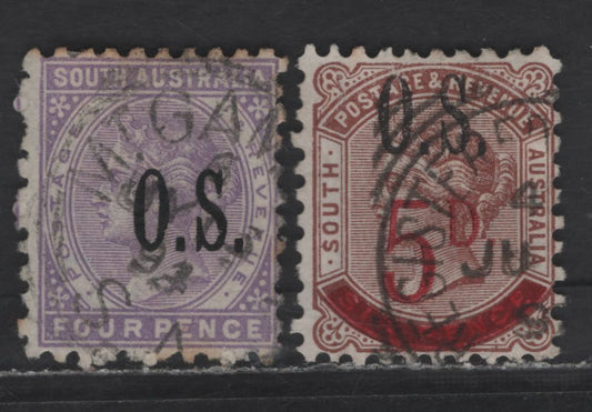 Lot 244 (C) South Australia SG#O61, O72 4d - 5d on 6d Violet - Brown Queen Victoria, 1891-1895 OS Overprinted Issues, 2 Fine Used Singles, Perf 10, Crown Over SA Wmk