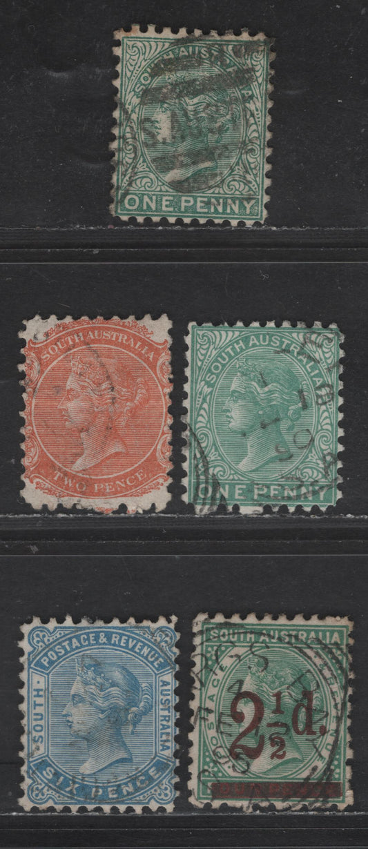 Lot 245 (C) South Australia SG#167, 168a, 167b, 229, 185 1d - 6d Blue Green - Pale Blue Queen Victoria, 1876-1891 Queen Victoria Keyplate Issues, 5 Fine/Very Fine Used Singles, Perf 10, Crown Over SA Wmk