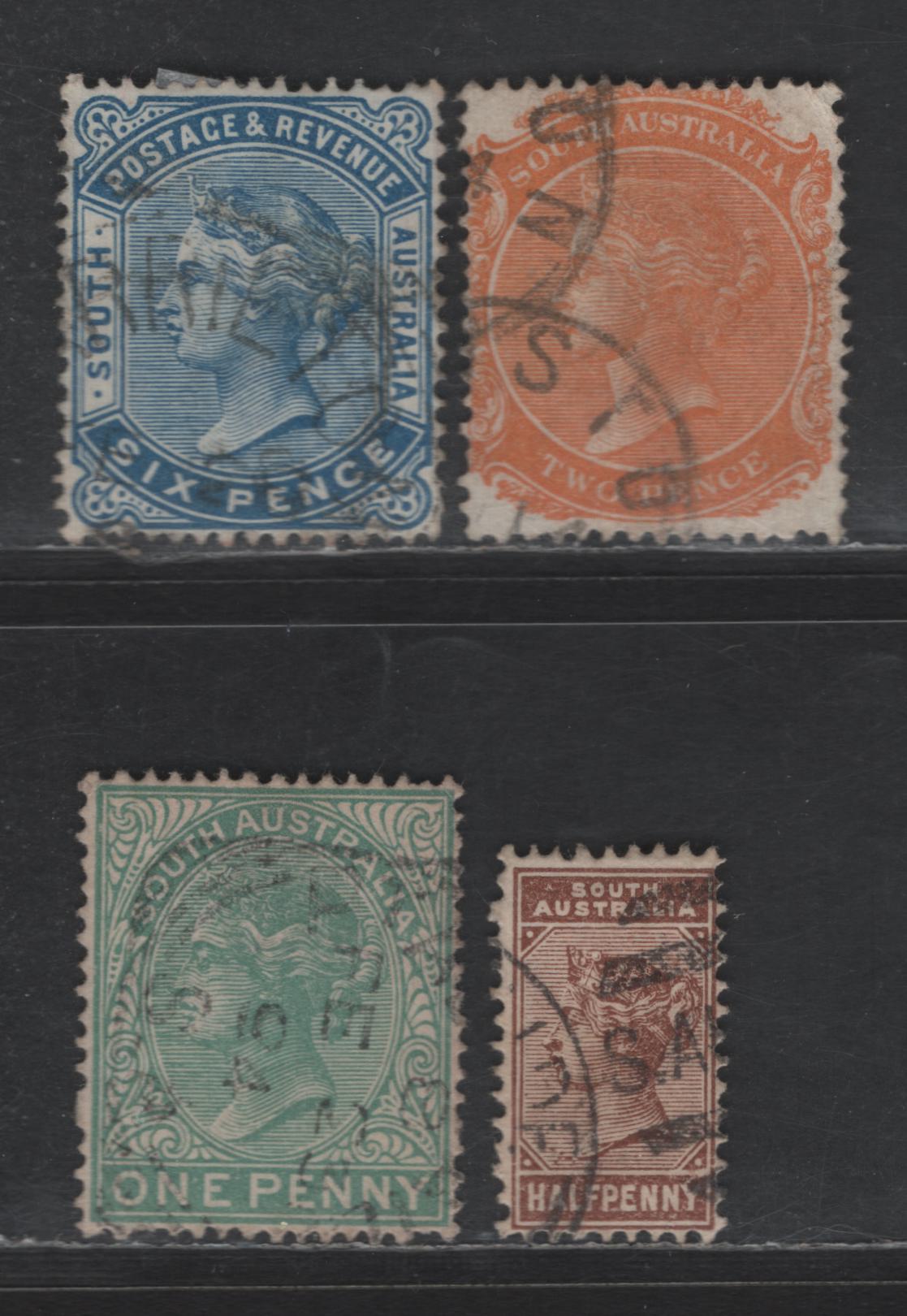 Lot 246 (C) South Australia SG#173, 174a, 188, 190 1/2d - 6d Pale Brown - Blue Queen Victoria, 1893-1894 Queen Victoria Keyplate Issues, 4 Fine/Very Fine Used Singles, Perf 15, Crown Over SA Wmk