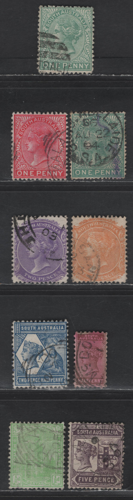 Lot 247 (C) South Australia SG#175-a, 176-178, 191, 236, 238, 241 1d - 1/2d Pale Green - Yellow Green Queen Victoria, 1876-1905 Queen Victoria Keyplate Issues, 9 Fine/Very Fine Used Singles, Perf 13, Crown Over SA