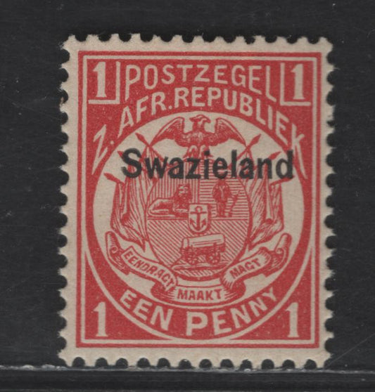 Lot 249 Swaziland SG#1 1d Carmine Transvaal Arms, 1889-1890 Swaziland Overprinted Transvaal Arms Issue, A VFNH Single, Perf 12.5, Which Is Unlisted, Only Listed As Perf 12.5x12