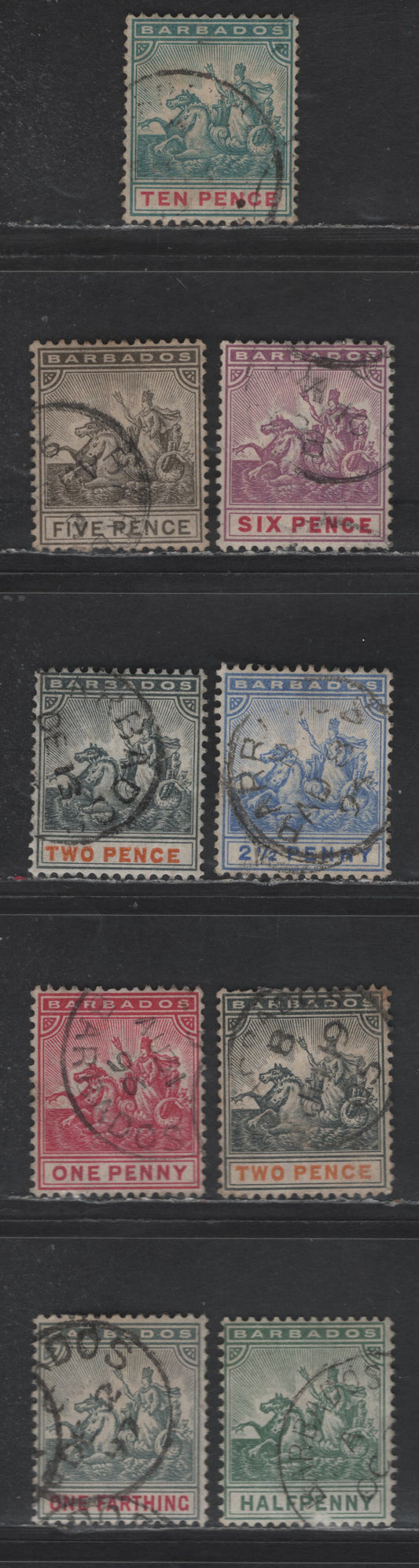 Lot 25 (C) Barbados SG#105-111, 113 1/4d - 10d Slate Gray & Carmine - Dull Blue Green & Carmine Badge of the Colony, 1892-1903 Badge of the Colony Issue, 9 Fine/Very Fine Used Singles, Crown CA Wmk
