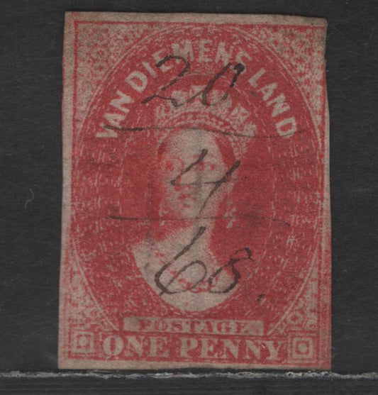 Lot 251 (C) Tasmania SG#29 1d Carmine Queen Victoria, 1857-1867 Chalon Heads Issue, A Very Good Used Imperf Single, Double Lined 1 Wmk