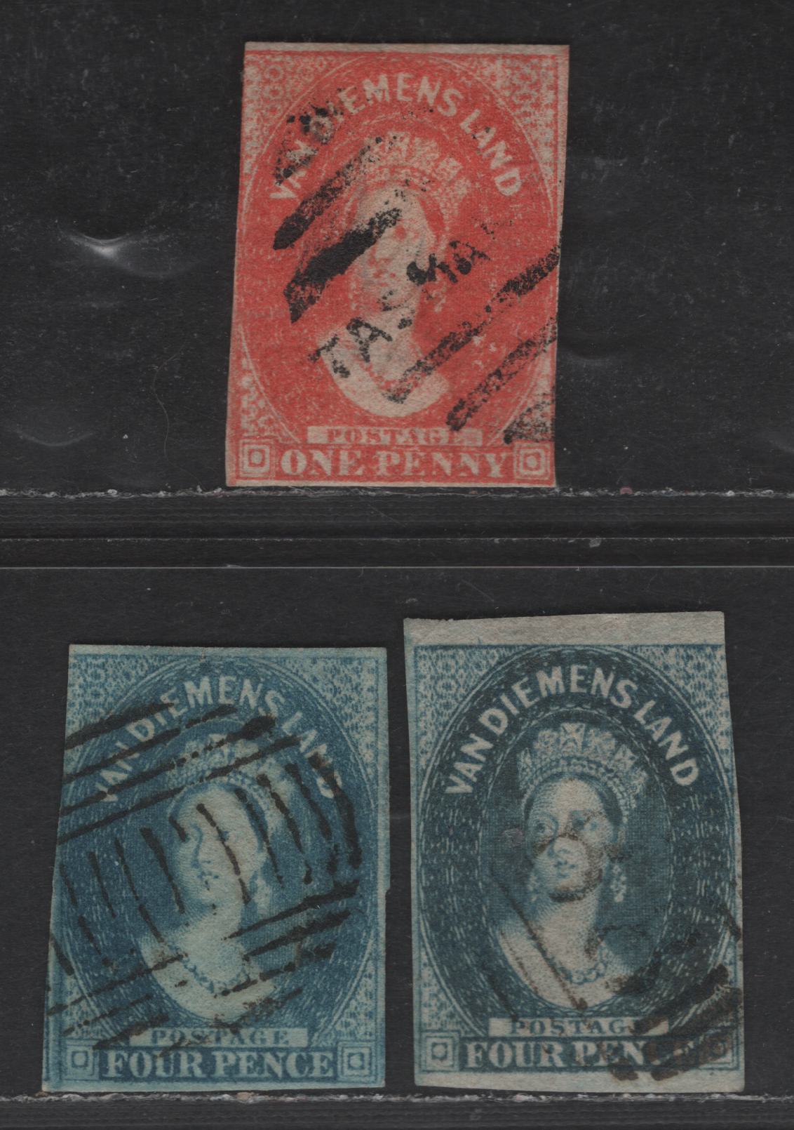 Lot 252 (C) Tasmania SG#28, 37-38 1d - 4d Dull Vermillion - Bright Blue Queen Victoria, 1857-1867 Chalon Heads Issue, 3 Good Used Singles, Double Lined 1 & 4 Wmks, Blue Shade's Wmk Inverted