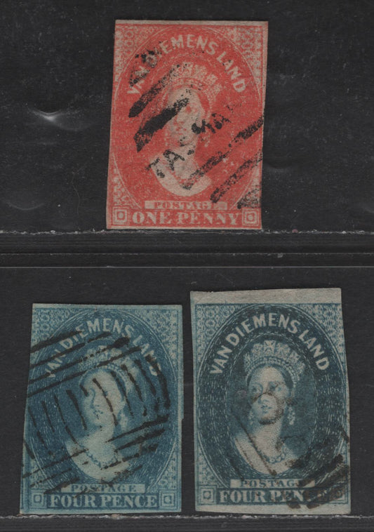 Lot 252 (C) Tasmania SG#28, 37-38 1d - 4d Dull Vermillion - Bright Blue Queen Victoria, 1857-1867 Chalon Heads Issue, 3 Good Used Singles, Double Lined 1 & 4 Wmks, Blue Shade's Wmk Inverted