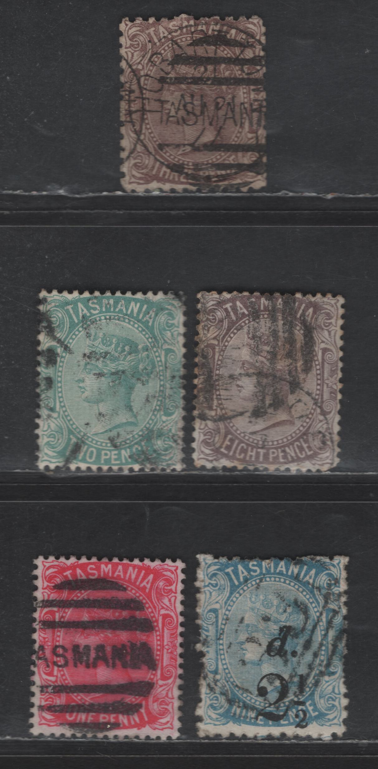 Lot 253 (C) Tasmania SG#146, 158, 154a, 168, 151a 3d - 8d Purple Brown - Dull Purple Brown Queen Victoria, 1871-1878 Queen Victoria Issue, 5 Very Good/Fine/Very Fine Used Singles, Perf 14