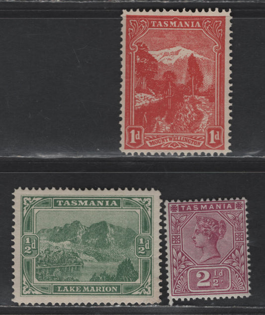 Lot 254 Tasmania SG#217, 237, 240c 2.5d - 1d Purple - Carmine Queen Victoria - Mount Wellington, 1892-1902 Keyplate & Pictorial Issues, 3 F/VFOG Singles, V Over Crown Wmk