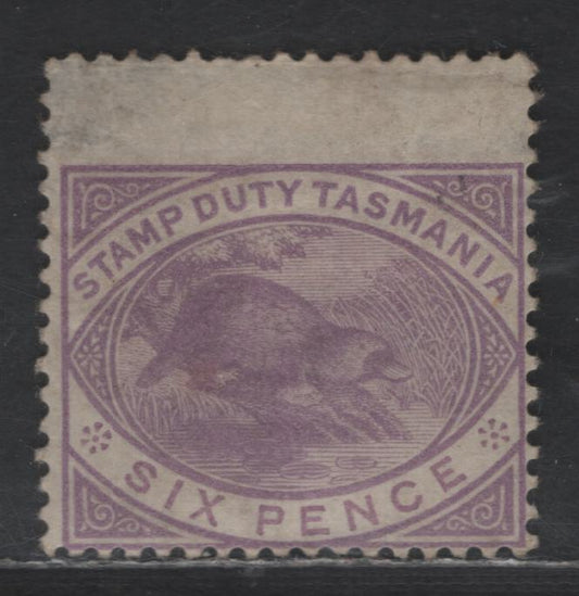 Lot 258 Tasmania SG#F28 6d Mauve Duck-billed Platypus, 1880 Postal Fiscal Issue, A Good Part OG Single, Not Particularly Fresh, Some Light Thinning