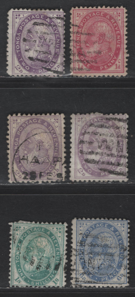 Lot 259 (C) Tonga SG#1, 2a, 2b, 2ba,3-4 1d - 1/- Carmine - Pale Green King George I, 1886-1888 King George I Issue, 6 Fine/Very Fine Used Singles, Perfs 12.5 Line Or12x11.5 Comb