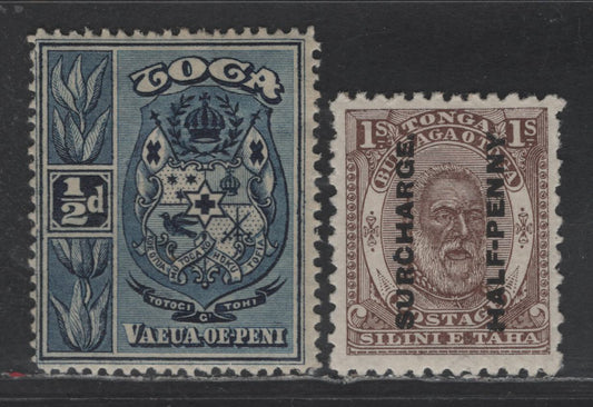 Lot 260 (C) Tonga SG#22, 38 1/2d on 1/- - 1/2d Brown - Indigo King George I - Arms, 1894-1897 Surcharges & Pictorial Issues, 2 VFOG Singles