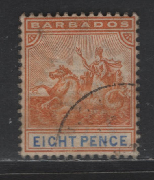 Lot 26 (C) Barbados SG#112 8d Orange & Ultramarine Badge of the Colony, 1892-1903 Badge of the Colony Issue, A Fine Used Single