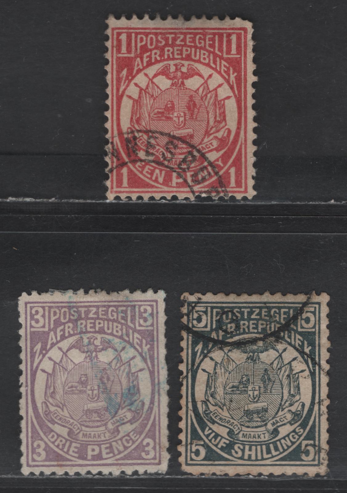 Lot 262 Transvaal SG#176, 180, 185 1d - 5/- Carmine - Slate Arms, 1885-1893 Arms issue, 3 Fine Used Singles, Perf 12.5 Small Holes, Which Means They Are Likely Originals