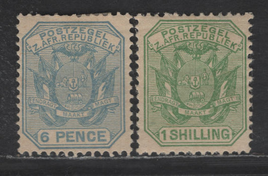 Lot 263 Transvaal SG#203-204 6d - 1/- Pale Dull Blue - Yellow Green Wagons, 1894 Pictorial Issue, 2 F/VFOG Singles, Perf 12.5, Likely Originals