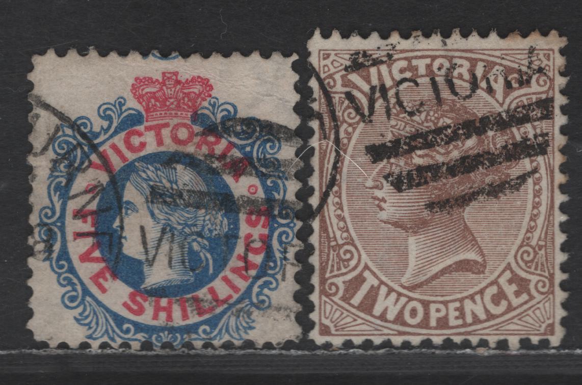 Lot 264 (C) Transvaal SG#148, 202a 5/- - 2d Bright Blue & Red - Sepia Brown Eagle - Wagon, 1867-1881 Keyplate Issues, 2 Fine Used Singles, V Over Crown Wmk (Pointy Crown), Perfs 12 & 12.5