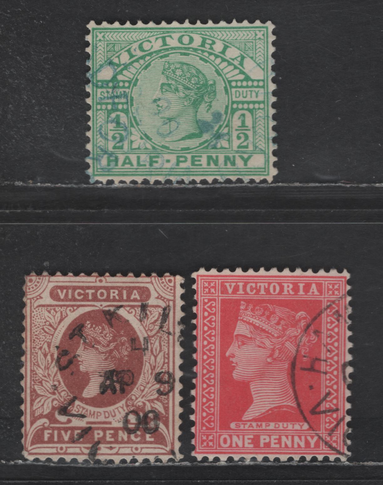 Lot 267 (C) Victoria SG#356-357, 364 1/2d - 5d Emerald - Red Brown Queen Victoria, 1899-1901 Stamp Duty Keyplates Issue, 3 Fine/Very Fine Used Singles, Wmk 85 (V over Crown With Very Wide Top & Narrow Base), Perf 12.5