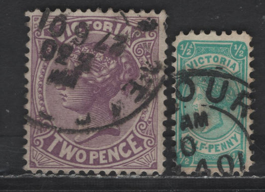 Lot 268 Victoria SG#376-377 1/2d - 2d Bluish Green - Reddish Violet Queen Victoria, 1901 Reissue of Previous Designs Issue, 2 Very Fine Used Singles, Wmk 85 (V over Crown With Very Wide Top & Narrow Base), Perf 12x12.5