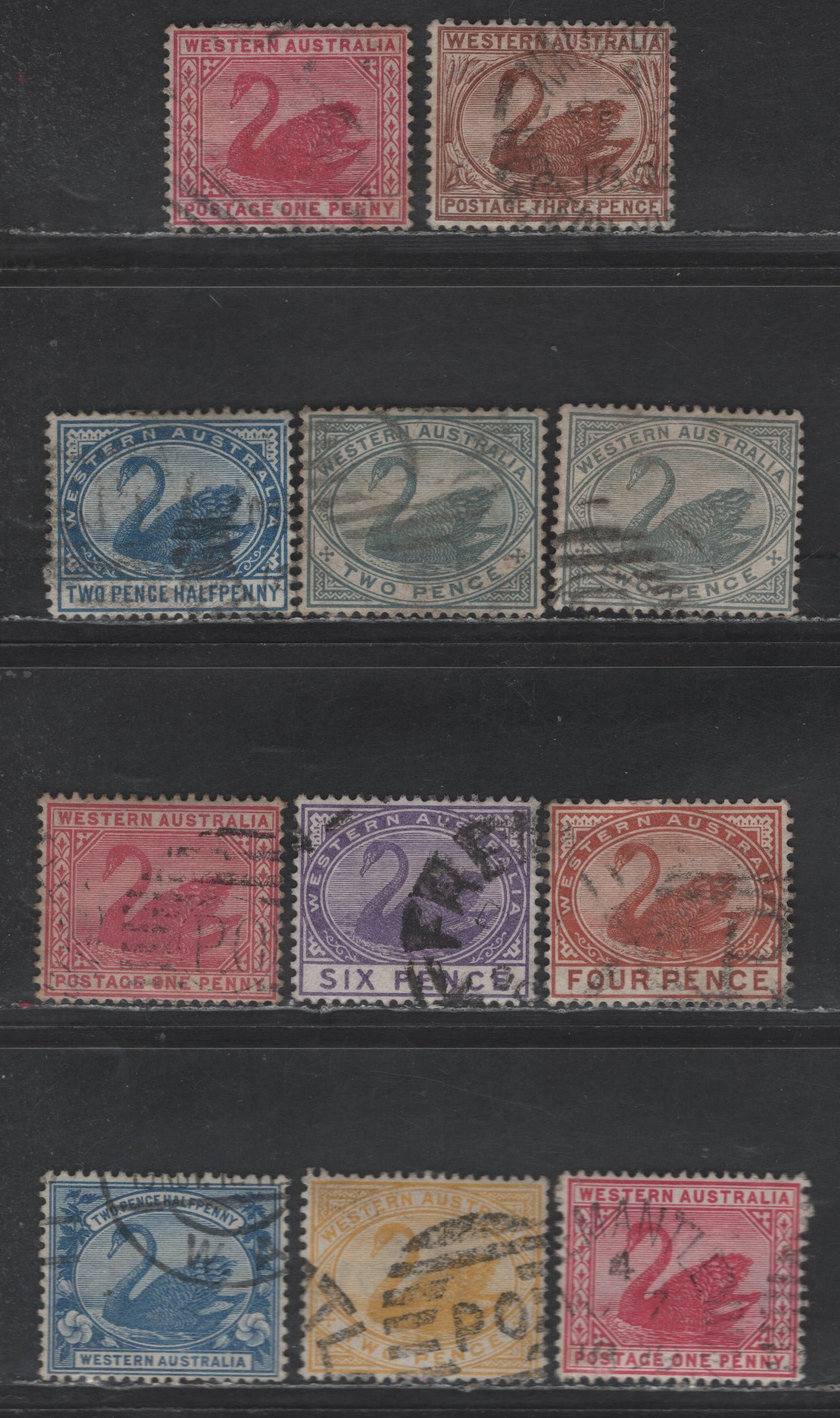 Lot 273 Western Australia SG#87, 95, 96-a, 98, 100, 112-114 3d - 2.5d Red Brown - Blue Swans, 1882-1907 Swan Keyplates Issues, 9 Fine/Very Fine Used Singles, Crown CA & W Crown A Wmks