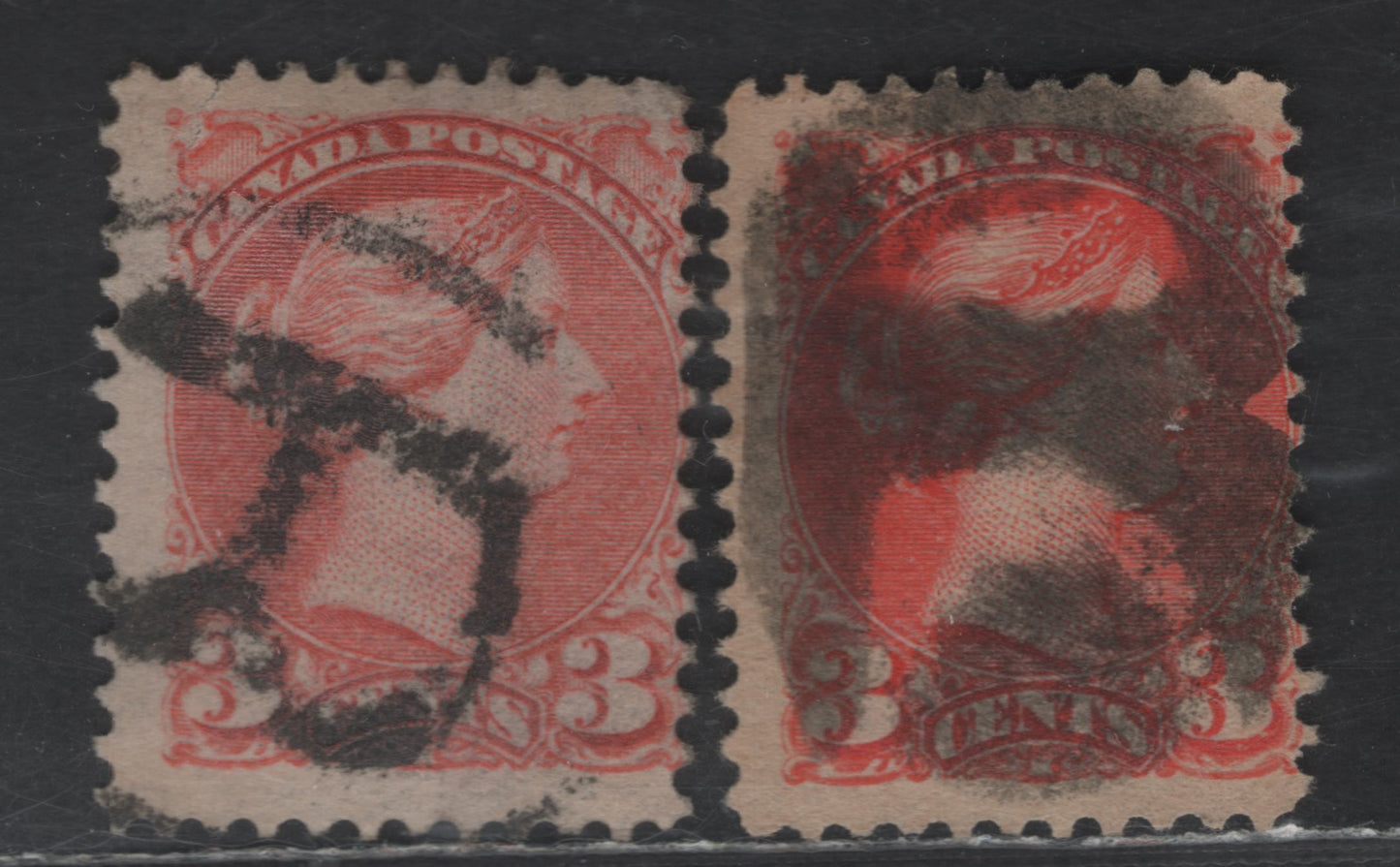 Lot 279 Canada #41 3c Dull Orange vermillion & Bright Orange Vermillion Queen Victoria, 1888-1897 Small Queen Issue, 2 Good/Very Good Used Singles, Mid & Late Second Ottawa Printings, Papers 1O-B & 2O-C, Distinct R Cancels