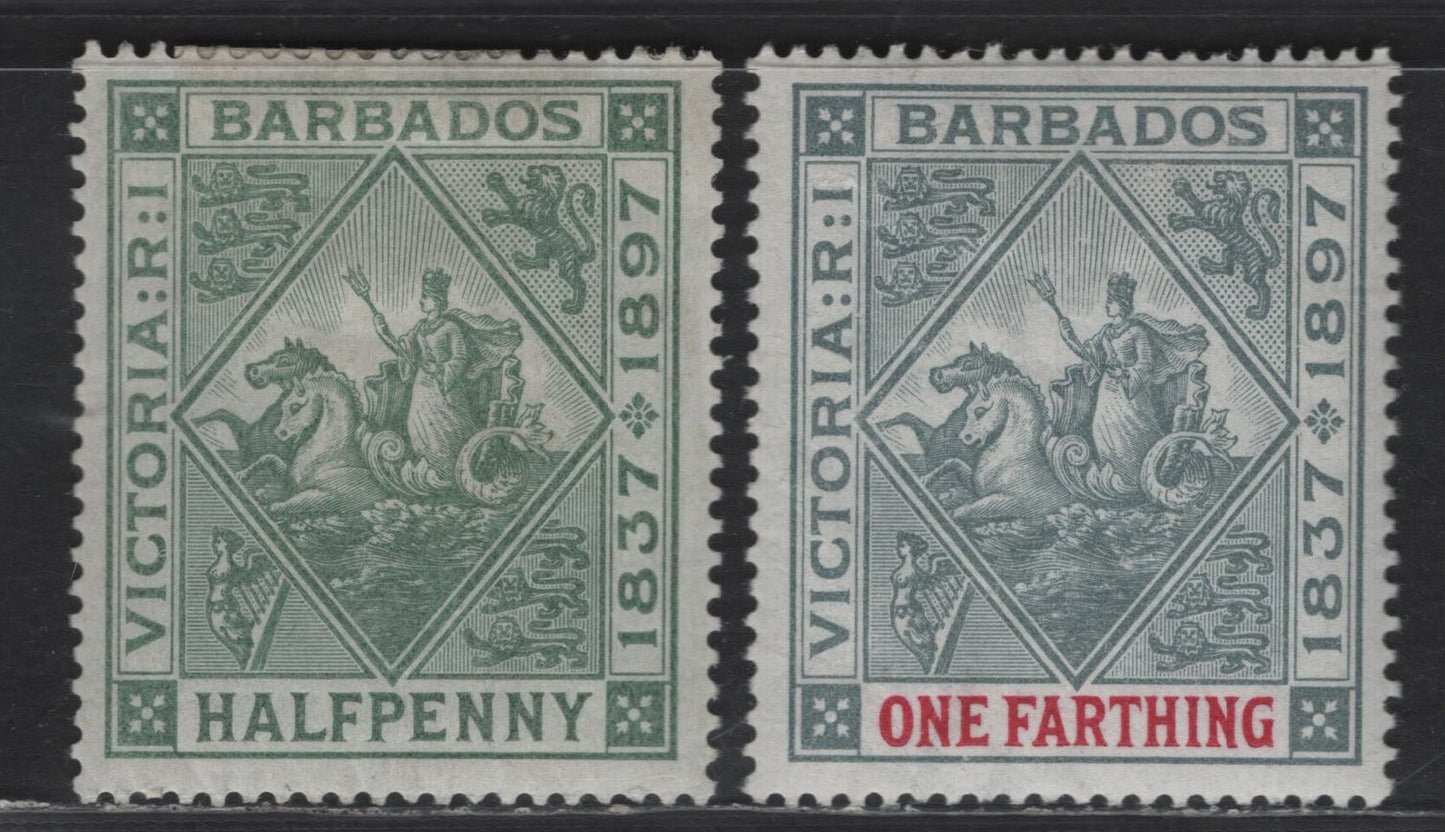 Lot 28 Barbados SG#116-117 1/4d - 1/2d Gray & Carmine - Dull Green Seahorses & Carridge, 1897 Diamond Jubilee Issue, 2 VFOG Singles