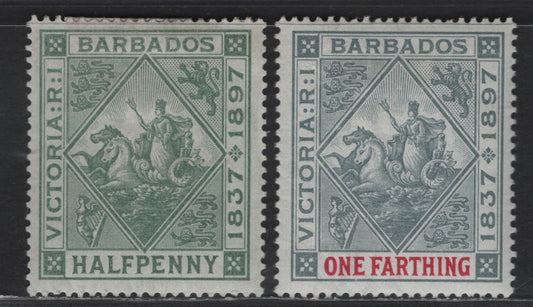 Lot 28 Barbados SG#116-117 1/4d - 1/2d Gray & Carmine - Dull Green Seahorses & Carridge, 1897 Diamond Jubilee Issue, 2 VFOG Singles