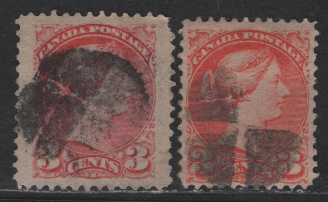 Lot 284 Canada #41var 3c Rosy Vermillion & Vermillion Queen Victoria, 1888-1897 Small Queen Issue, 2 Fine Used Singles, Papers 2O-N & 2O-R, Segmented Cork Cancels, Which Are Less Common During This Period, Perf 12.1x12 & 12x12