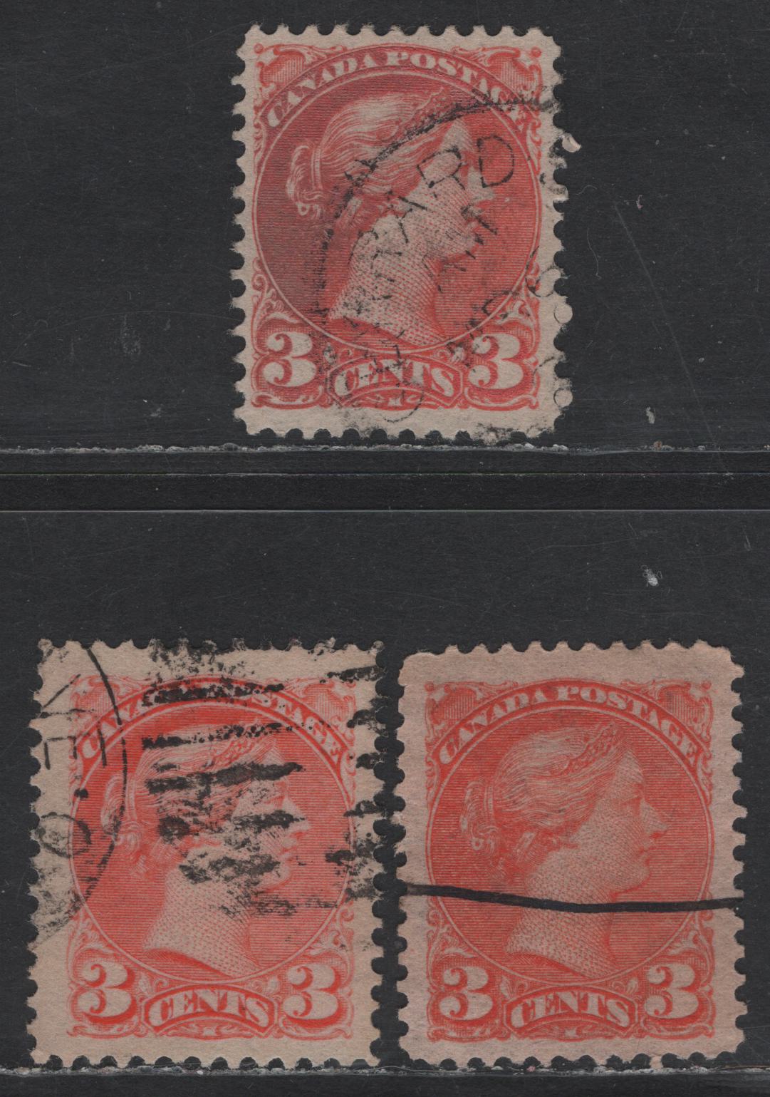 Lot 287 Canada #41 3c Bright Aniline Orange Vermillion, Dull Vermillion &Vermillion Queen Victoria, 1888-1897 Small Queen Issue, 2 Very Fine Used Singles, Mid Second Ottawa Printings, Papers 2O-C & 2O-D