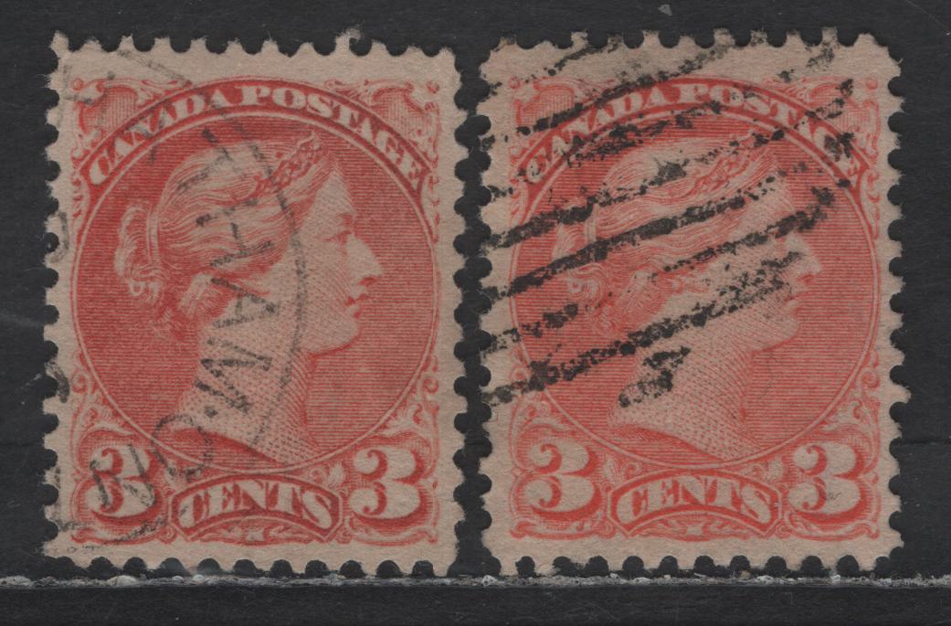Lot 289 Canada #41var 3c Dull Vermillion Orange & Dull Orange Vermillion Queen Victoria, 1888-1897 Small Queen Issue, 2 Very Fine Used Singles, Mid Second Ottawa Printings, Papers 2O-Y