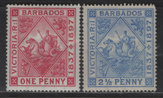 Lot 29 Barbados SG#118-119 1d - 2.5d Carmine - Ultramarine Seahorses & Carridge, 1897 Diamond Jubilee Issue, 2 FOG/NH Singles, White Paper, 2.5d Is NH