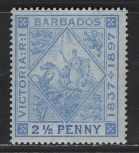 Lot 30 Barbados SG#128 2.5d Ultramarine Seahorses & Carridge, 1897 Diamond Jubilee Issue, A FOG Single, Blued Paper