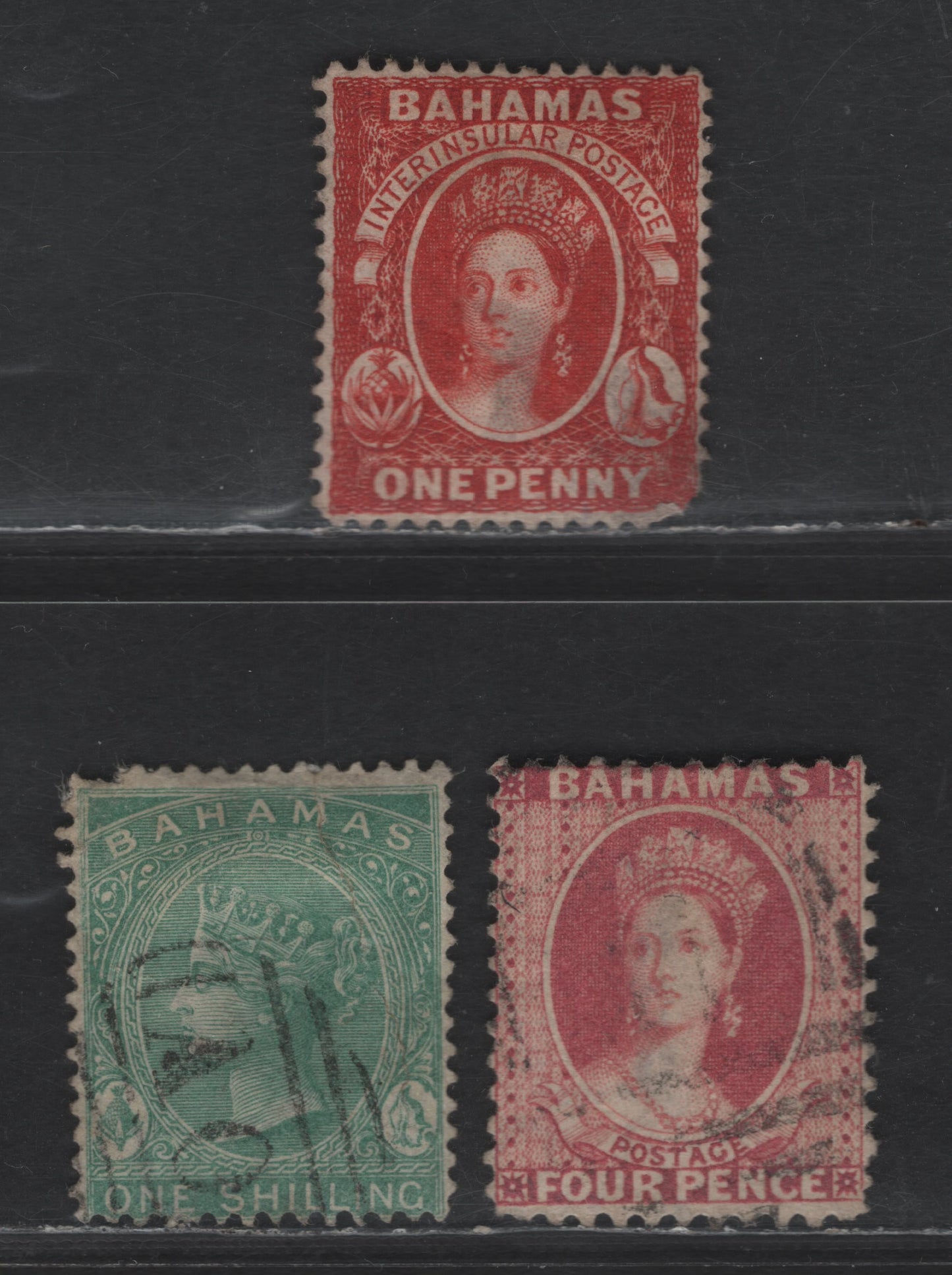 Lot 3 Bahamas SG#25x, 39b, 41 1d, 1/- & 4d Vermillion, Green & Rose Queen Victoria, 1863-1882 Chalon Heads & De la Rue 1/- Keyplate Issues, 3 Ungraded Singles, Crown CC & Crown CA Wmks, Perfs 14 & 12