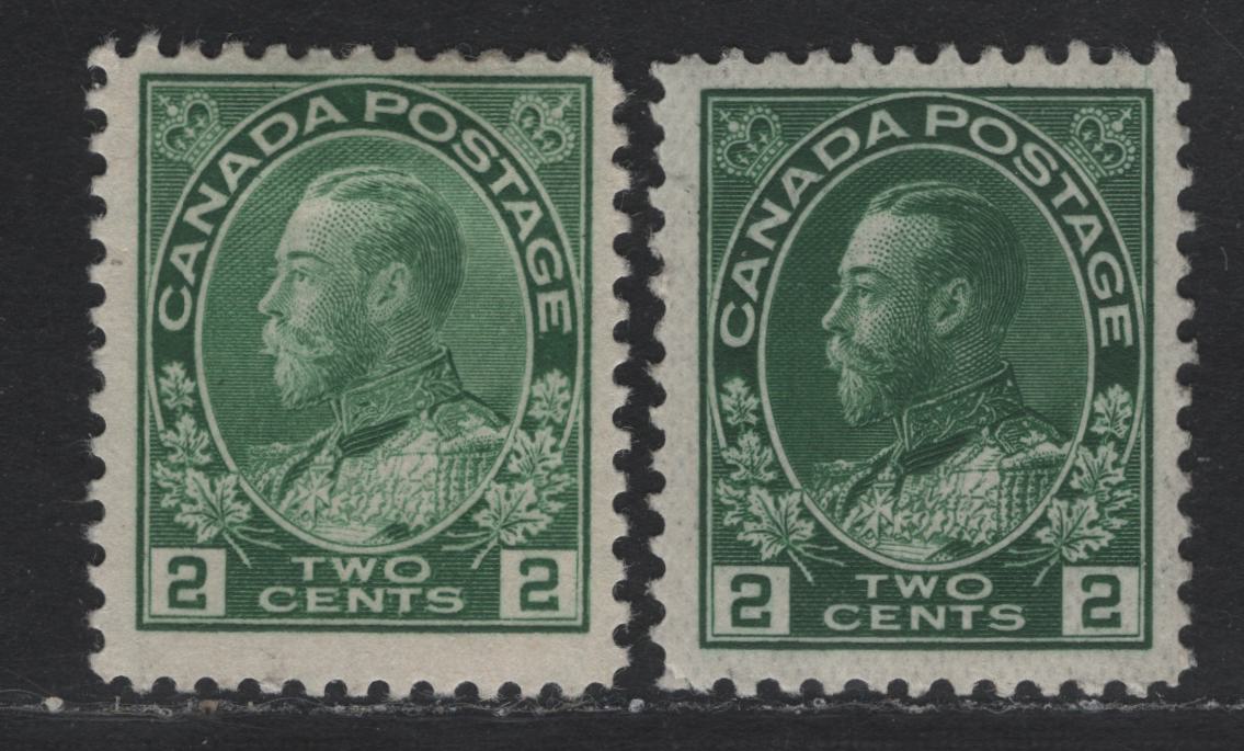 Lot 308 Canada #107ii, a 2c Green & Deep Green King George V, 1911-1928 Admiral Issue, 2 VG/VFOG Singles, Thin, Experimental Paper, Thin Paper Has Only Part Gum & The 107ii Has A Hinge Thin