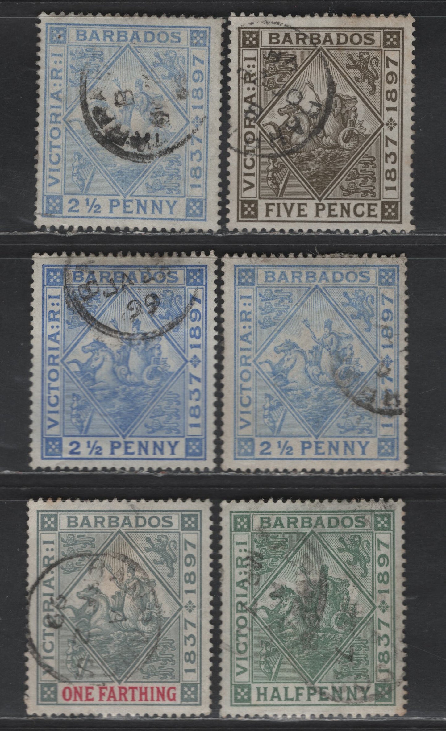 Lot 31 (C) Barbados SG#116-117, 119, 200 1/4d - 5d Gray & Carmine - Olive Brown Seahorses & Carriage, 1897 Diamond Jubilee Issue, 6 Fine/Very Fine Used Singles, White Paper