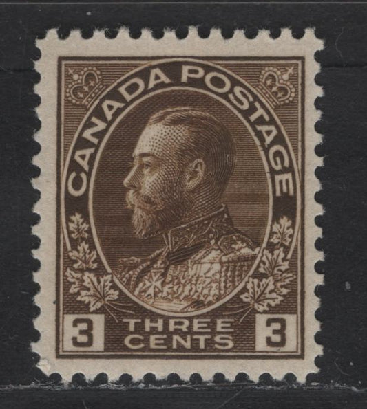 Lot 311 Canada #108ii 3c Dark Brown King George V, 1911-1928 Admiral Issue, A VFOG Single, Wet Printing, Retouched Frameline