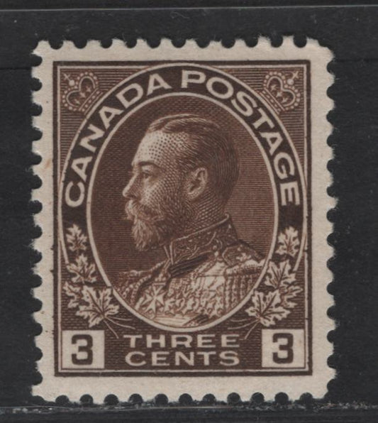 Lot 313 Canada #108 3c Dark Reddish Brown King George V, 1911-1928 Admiral Issue, A VFOG Single, Wet Printing, Retouched Frameline