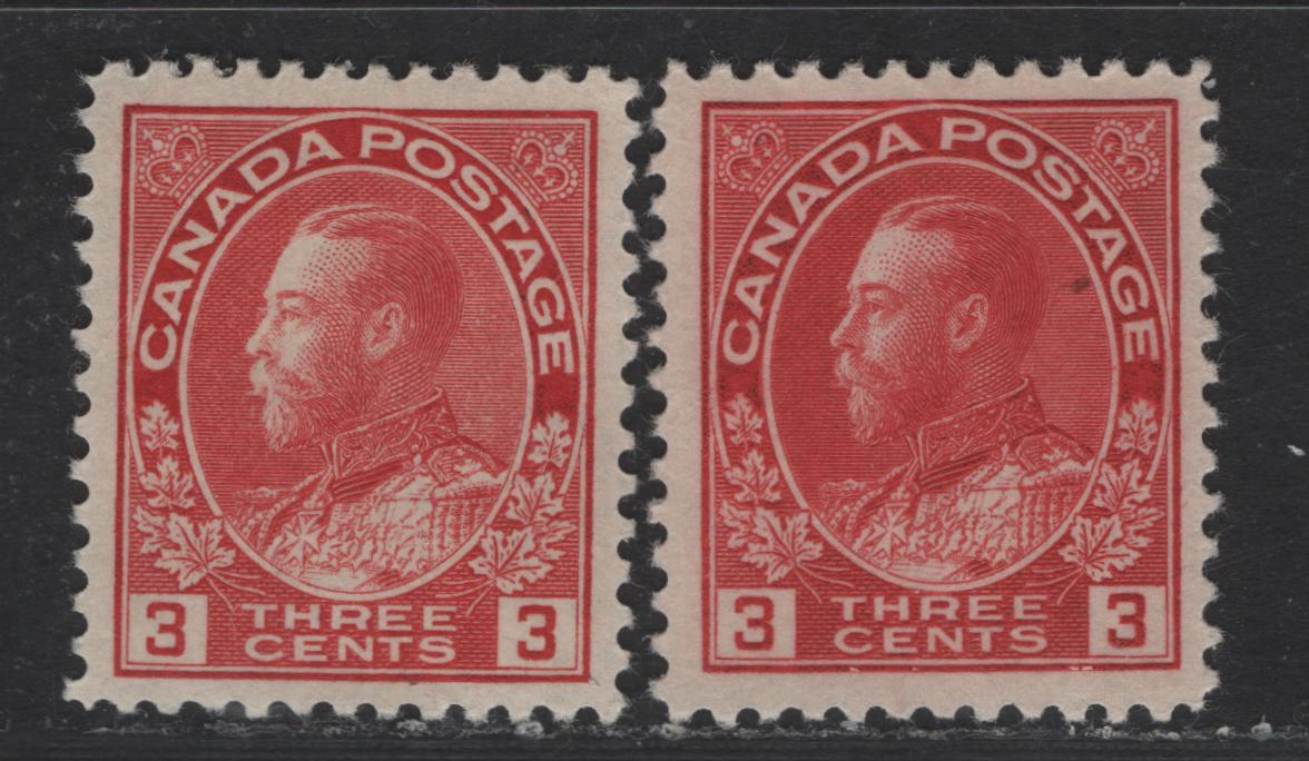 Lot 316 Canada #109 3c Carmine Red & Light Carmine King George V, 1911-1928 Admiral Issue, 2 VFOG Singles, Dry Printings, Die 1, Redrawn Framelines