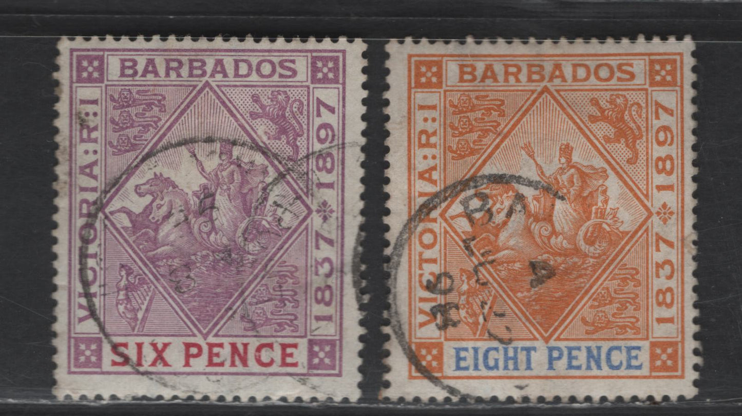Lot 32 Barbados SG#121-122 6d - 8d Mauve & Carmine - Orange & Ultramarmarine Seahorses & Carridge, 1897 Diamond Jubilee Issue, 2 Very Good/Fine Used Singles, 6d Is VG and 8d is Fine