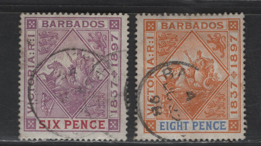 Lot 32 Barbados SG#121-122 6d - 8d Mauve & Carmine - Orange & Ultramarmarine Seahorses & Carridge, 1897 Diamond Jubilee Issue, 2 Very Good/Fine Used Singles, 6d Is VG and 8d is Fine