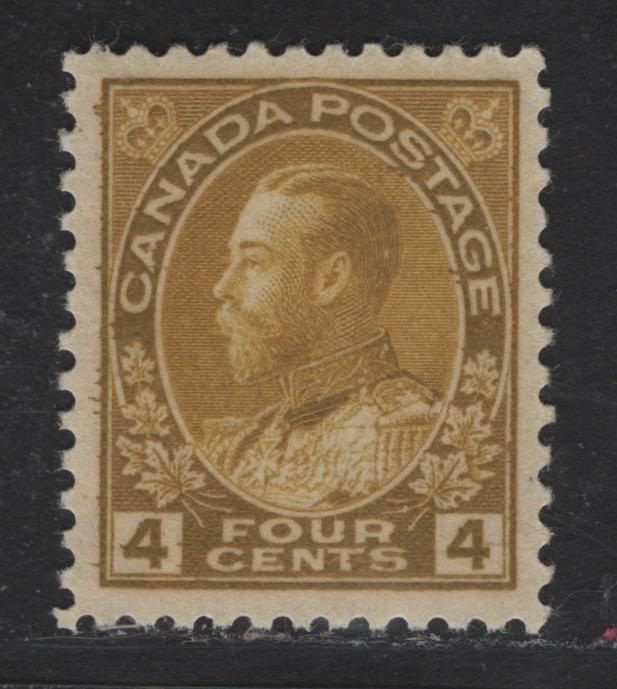 Lot 321 Canada #110b 4c Olive Yellow King George V, 1911-1928 Admiral Issue, A VFOG Single, Wet Printing, Retouched Frameline
