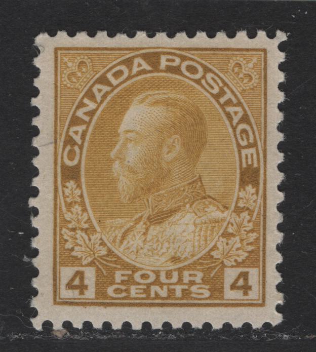 Lot 322 Canada #110c 4c Golden Yellow King George V, 1911-1928 Admiral Issue, A VFOG Single, Wet Printing, Retouched Frameline