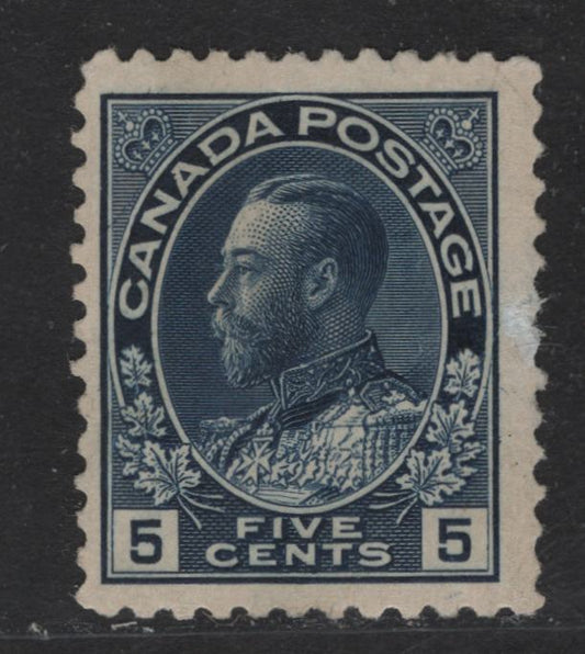 Lot 326 Canada #111a 5c Indigo King George V, 1911-1928 Admiral Issue, A VGOG Single, Weakly Retouched Frameline, Small Margin Thin At Right Center Which Has Been Patched Using Liquid Paper
